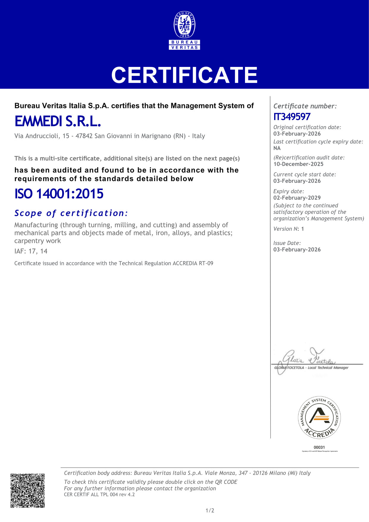 Certificate IT349597 - EMMEDI SRL - ISO14001