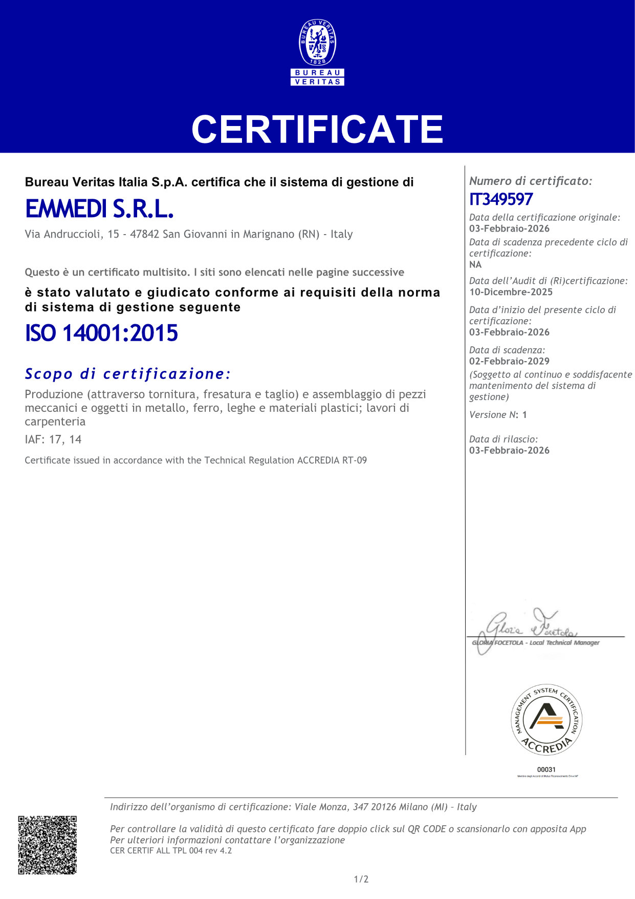 Certificato IT349597 - EMMEDI SRL - ISO14001